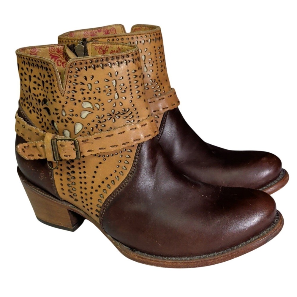 Cuadra Ankle Boots Womens Size 9 Brown Leather Side Zip Buckle Laser Cut Western